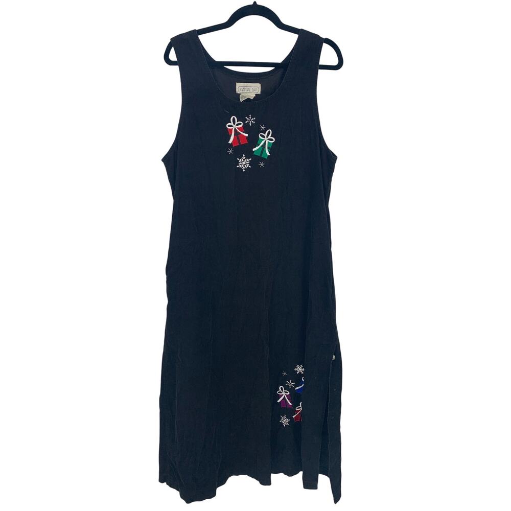 Mandal Bay Vintage Black Corduroy Embroidered Presents Christmas Maxi Dress L